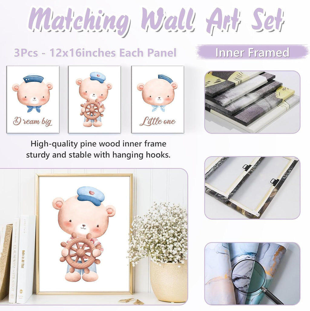 Custom Baby Crib Bedding Set, 5 PCS Personalized Name Baby Crib Sets for Girls Boys, Sailor Bear Theme Nursery Bedding Sets for Infant Toddler, Double Layer Flannel Bed Set Customized Gifts
