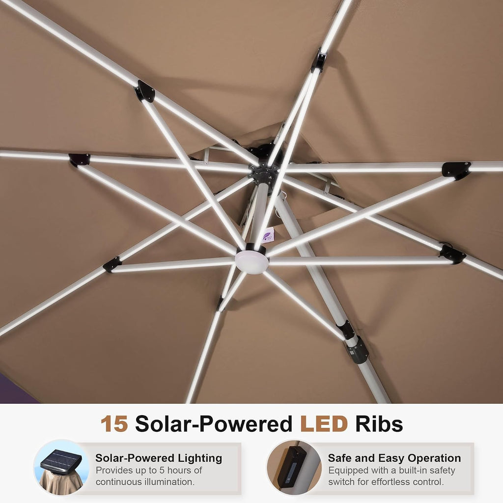 PURPLE LEAF 12ft Solar powered LED Patio Umbrella Outdoor Round Umbrellas Large Cantilever Umbrellas with LED lights Windproof Offset Umbrella Heavy Duty Sun Umbrella for Garden Deck Pool Patio, Beige