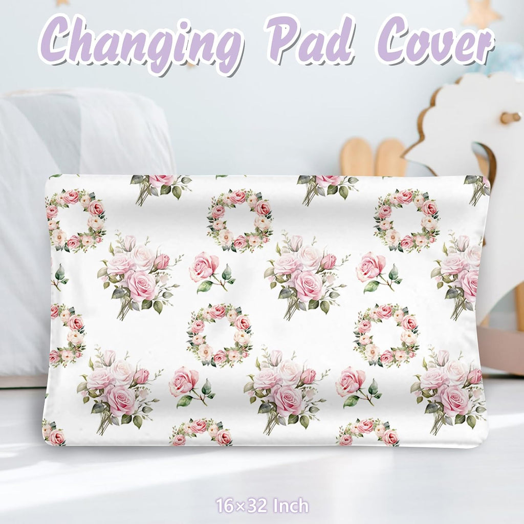 Custom Baby Crib Bedding Set, 5 PCS Personalized Name Baby Crib Sets for Girls Boys, Pink Flower Theme Nursery Bedding Sets for Infant Toddler, Double Layer Flannel Bed Set Customized Gifts