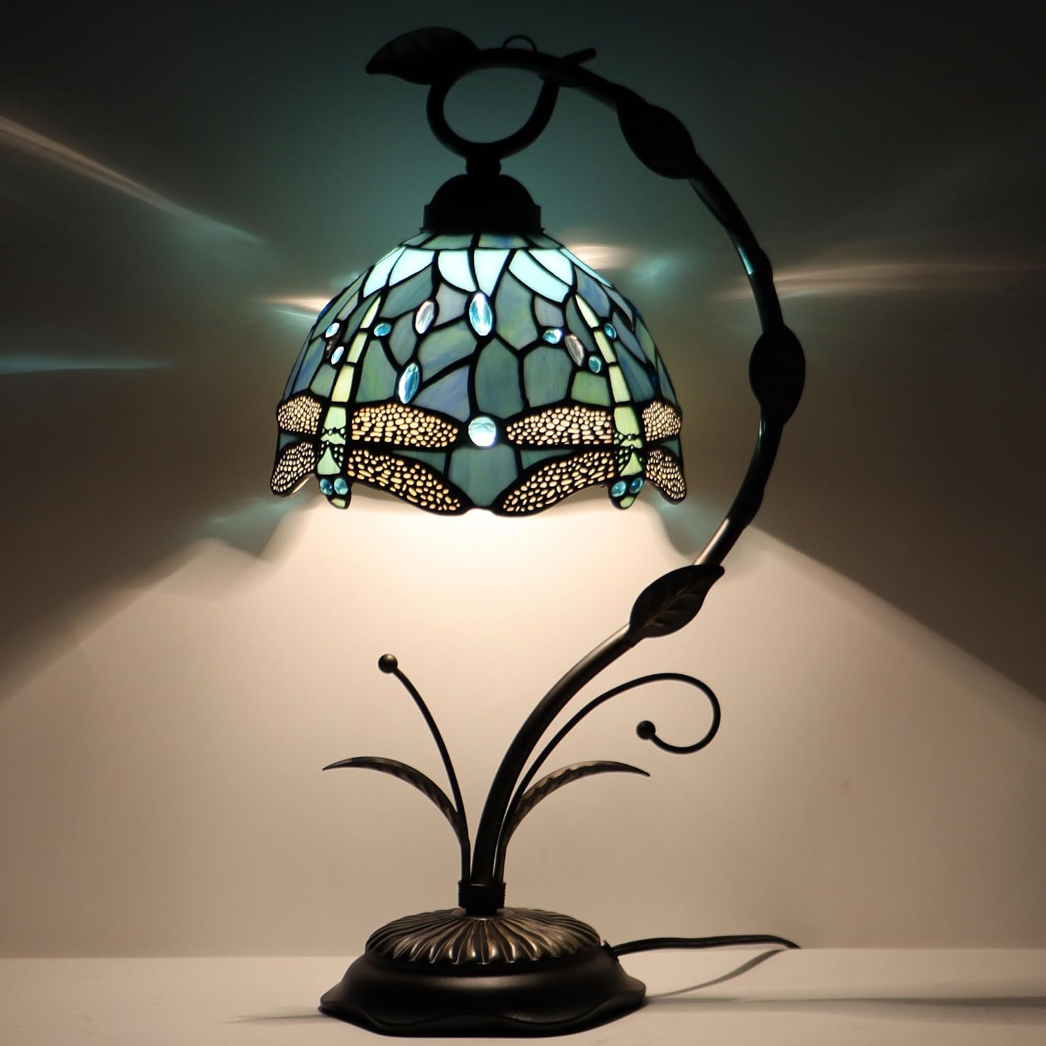 Tiffany Lamp Stained Glass Table Lamp Metal Leaf Base 8X10X19 Inch Reading Desk Light (Sea Blue Dragonfly)
