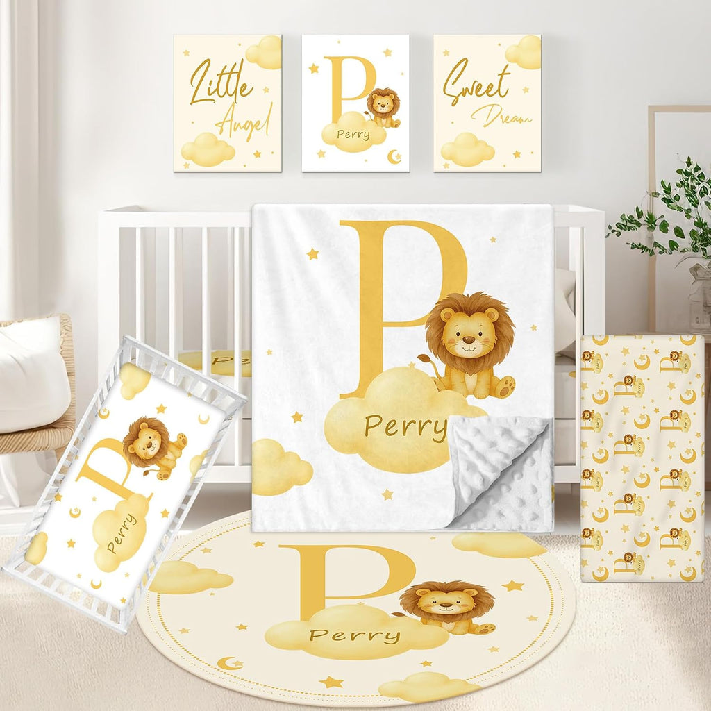 KAINSY Custom Crib Bedding Set, 5 Pcs Personalized Name Monogram Baby Crib Sets for Infants Toddlers, Yellow Lion Nursery Bedding Set for Boys Girls, Double Layer Baby Bedding Sets Customized Gifts