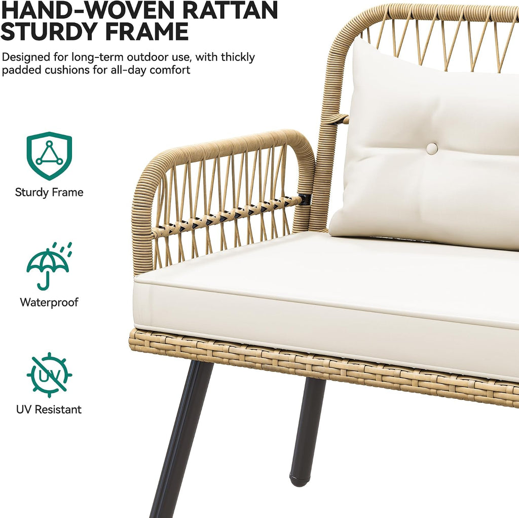 YITAHOME Patio Wicker L-Shaped Furniture Set, All-Weather Rattan Outdoor Conversation Sofa Set for Backyard Deck with Soft Cushions,Ottomans and Plastic Wood Dining Table (Light Brown+Beige)