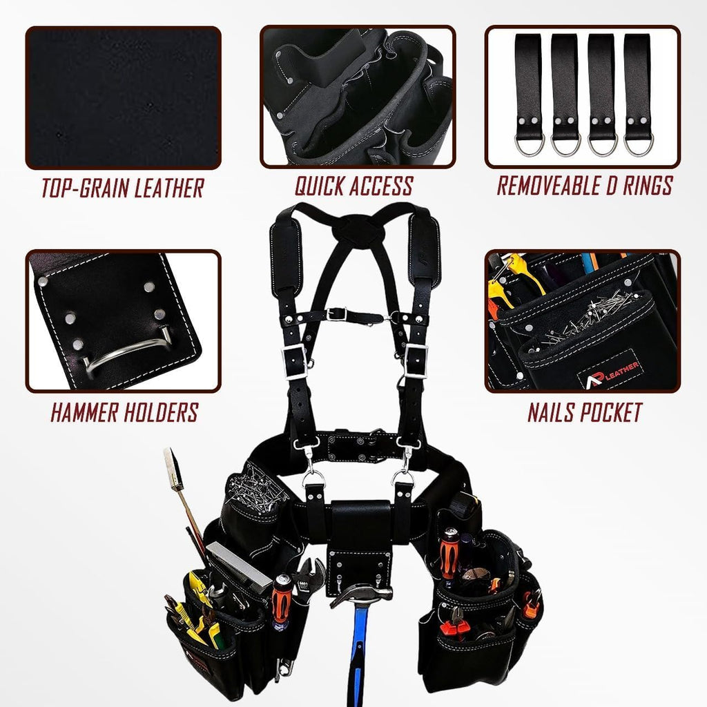 AP-LEATHER PRO-19 4MM Genuine Full Grain Leather Tool Belt for Men, tool belt with suspenders, Comfort Back Padded Support with Brass Hardware Tool Pouches With Suspenders
