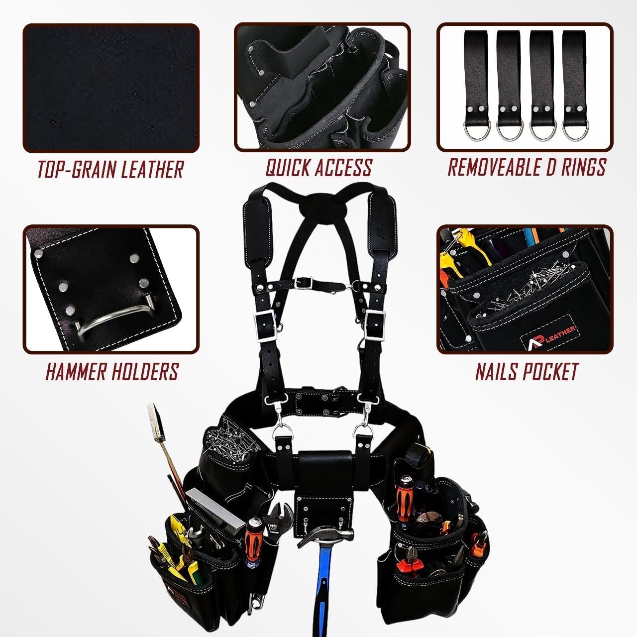 AP-LEATHER PRO-19 4MM Genuine Full Grain Leather Tool Belt for Men, tool belt with suspenders, Comfort Back Padded Support with Brass Hardware Tool Pouches With Suspenders