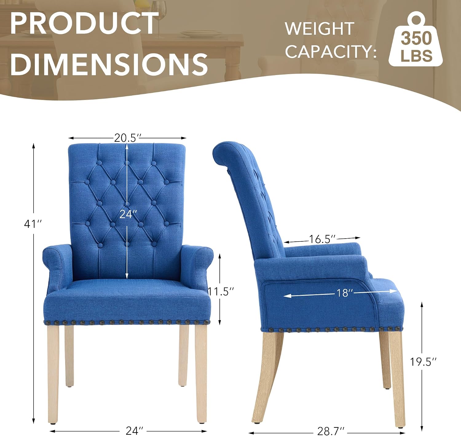 LOULENS Fabric Dining Chairs, Upholstered Tufted Armrest Chairs, Accent Chairs with Nailhead Trim, Solid Wood Legs for Home, Kitchen Living Room, Dark Blue