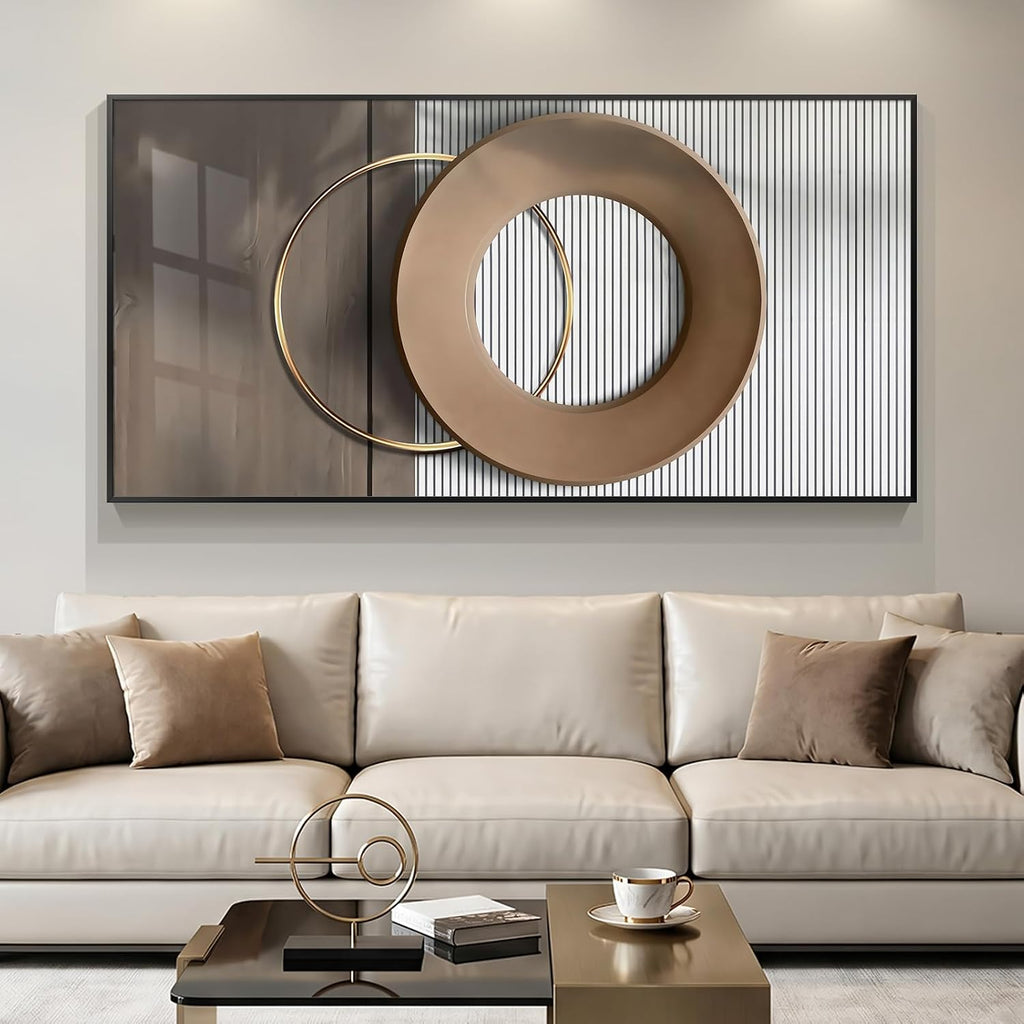 Large Horizontal Modern Wall Art for Living Room, Framed Neutral Picture Prints, Minimalist White Brown Circle Geometric Painting Artwork Decor for Bedroom Dining Room Hallway Office 56x28 Inch