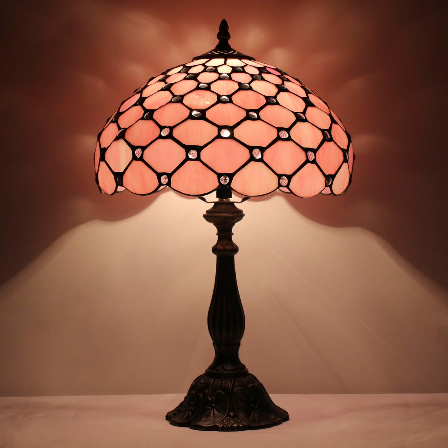 Tiffany Lamp Touch Control Table Lamp Pink Bead Style Stained Glass Desk Light 12X12X19 Inches Reading Light for Bedroom Living Room Home Decor Gift