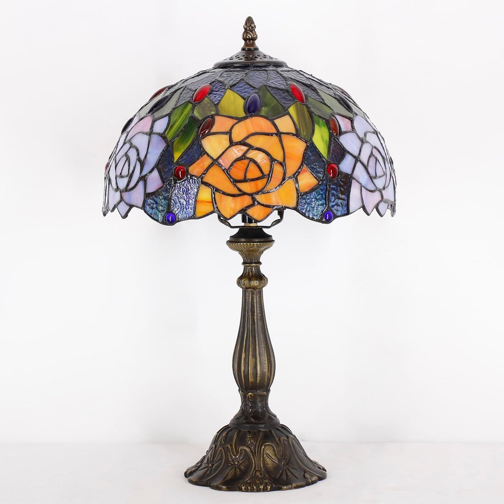 Tiffany Lamp Touch Control Table Lamp Orange Purple Stained Glass Desk Lamp 12X12X19 Inches Rose Flower Style Reading Light