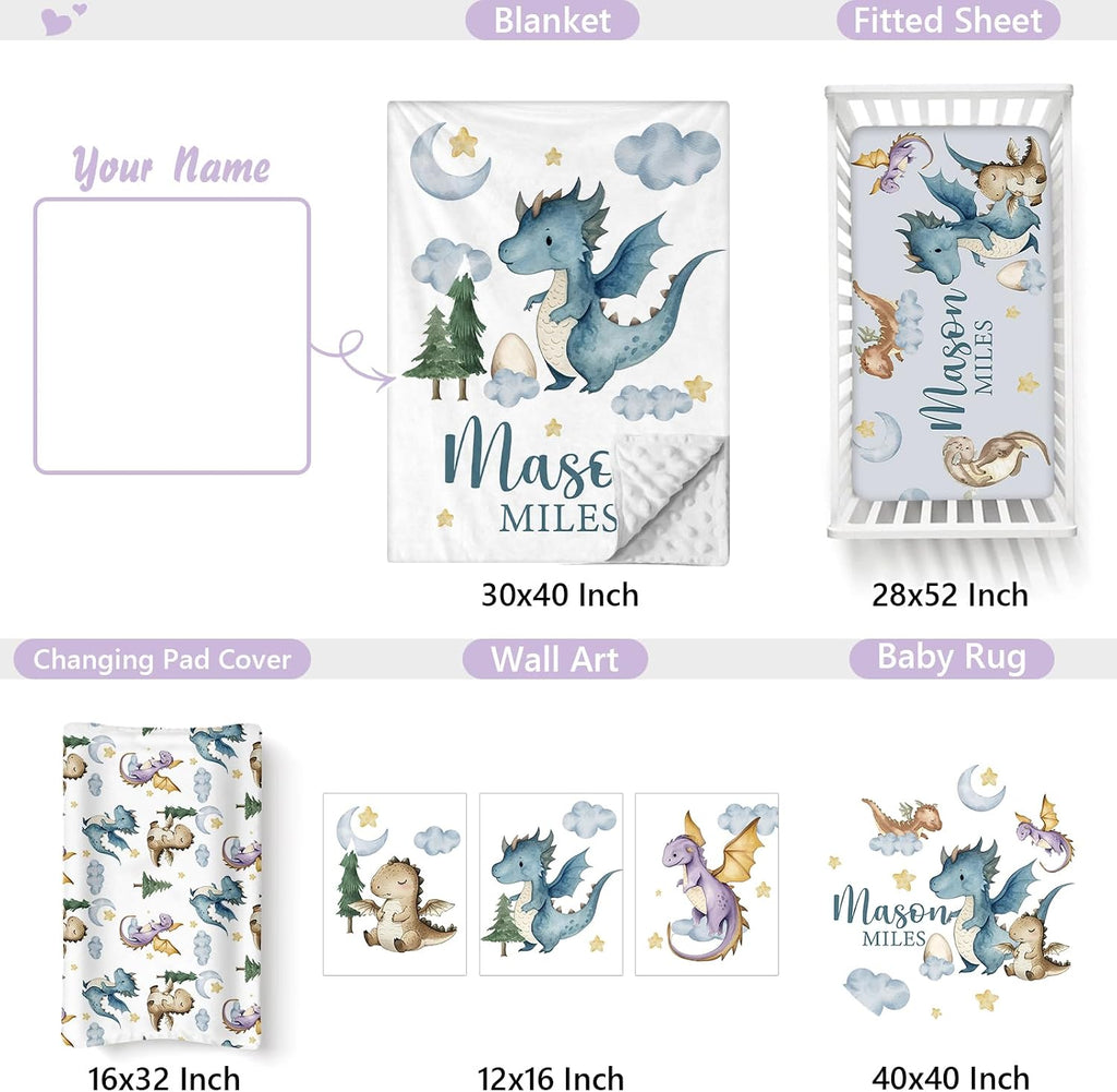 Personalized Baby Crib Bedding Set, 5 Pcs Custom Name Nursery Bedding Set for Girls Boys, Dinosaur Baby Crib Set for Toddlers Infants, Double Layer Bedding Crib Sets Customized Gifts