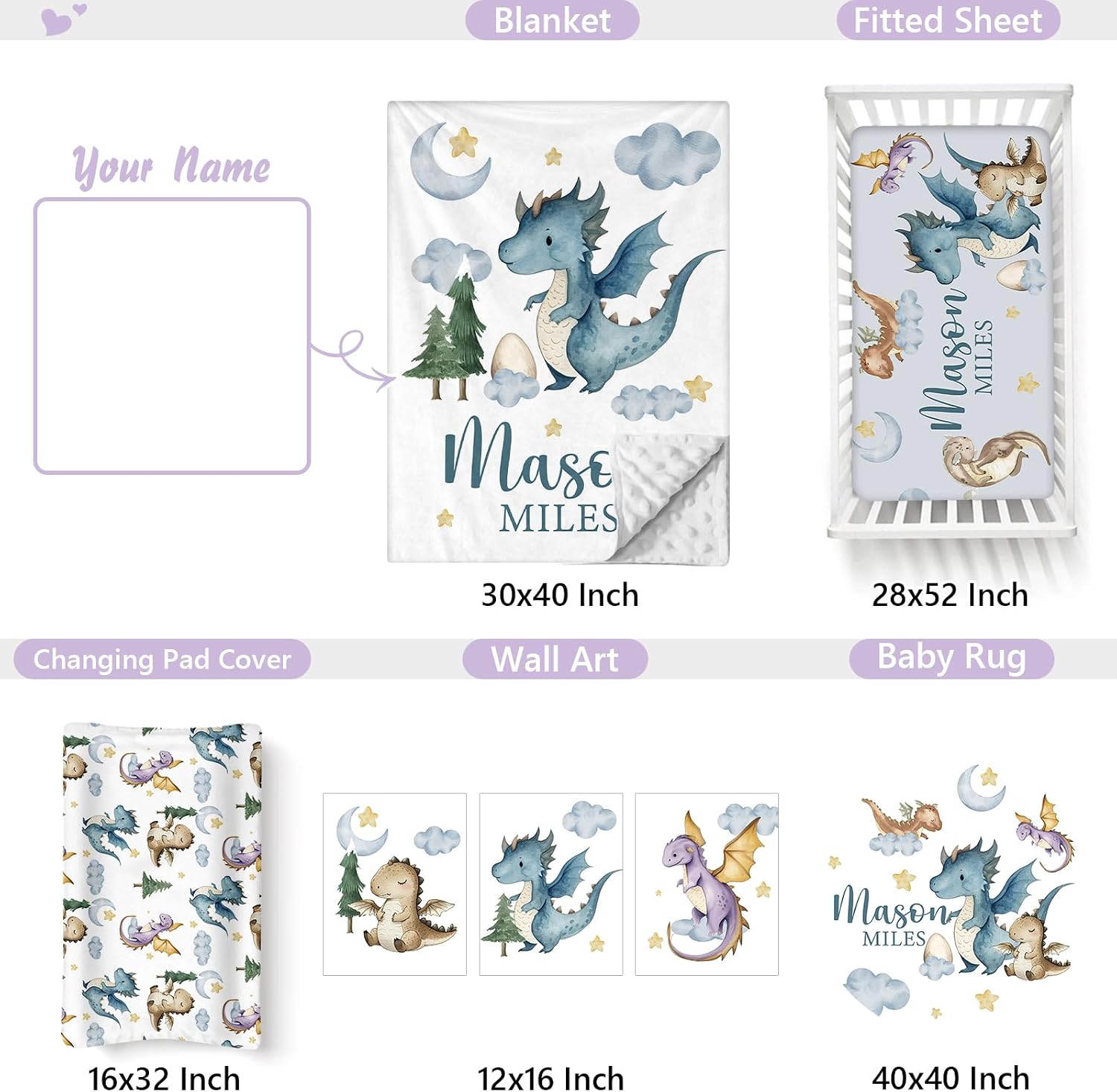 Personalized Baby Crib Bedding Set, 5 Pcs Custom Name Nursery Bedding Set for Girls Boys, Dinosaur Baby Crib Set for Toddlers Infants, Double Layer Bedding Crib Sets Customized Gifts