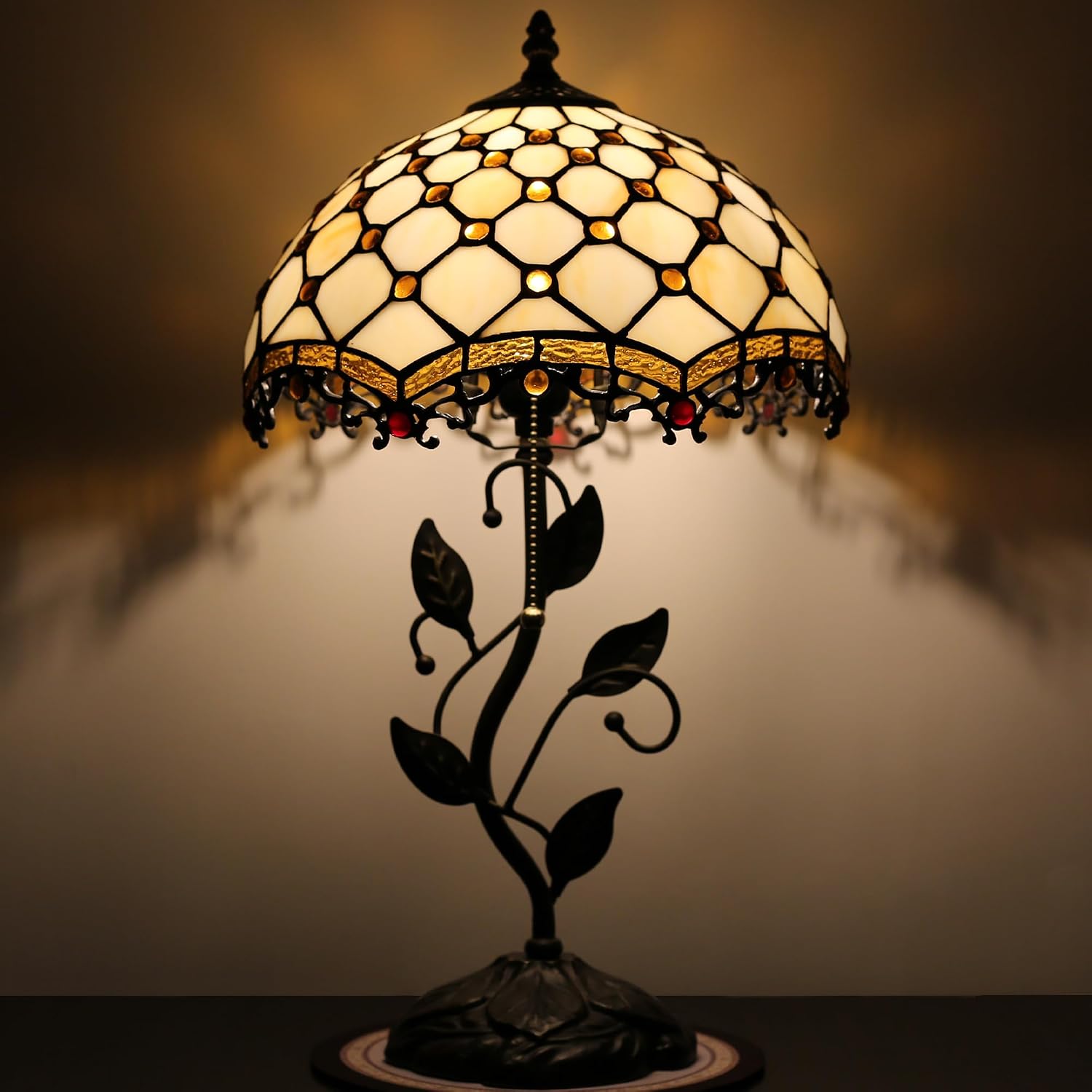 Tiffany Lamp Stained Glass Style Table Lamp Beads Style Bedside Desk Reading Light W12H19 Inch Metal Leaf Base with Metal Leaf Base