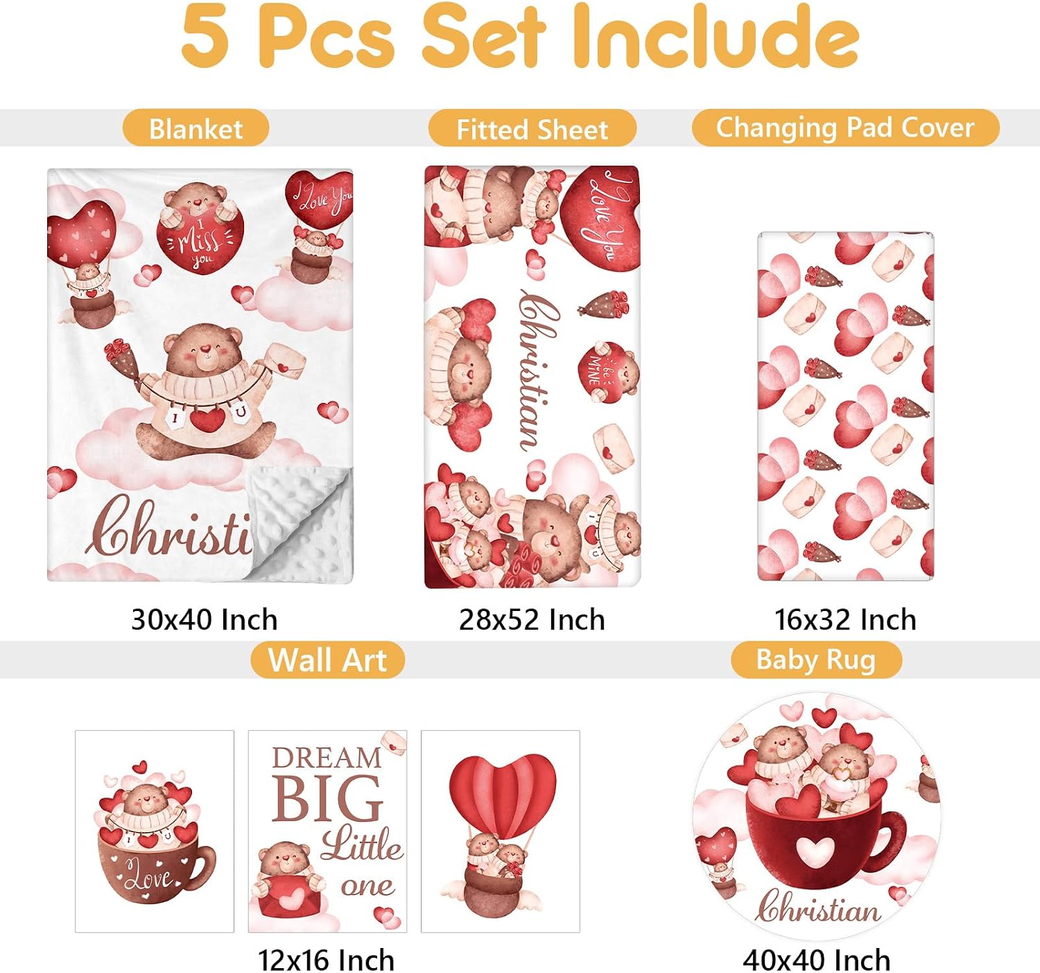 Terwex Custom Crib Bedding Set, 5 Pcs Personalized Name Nursery Bedding Set with Double Layer Flannel Blanket, Heart & Bear Baby Crib Set for Girls Boys, Customized Gifts for Infants Babies Toddlers