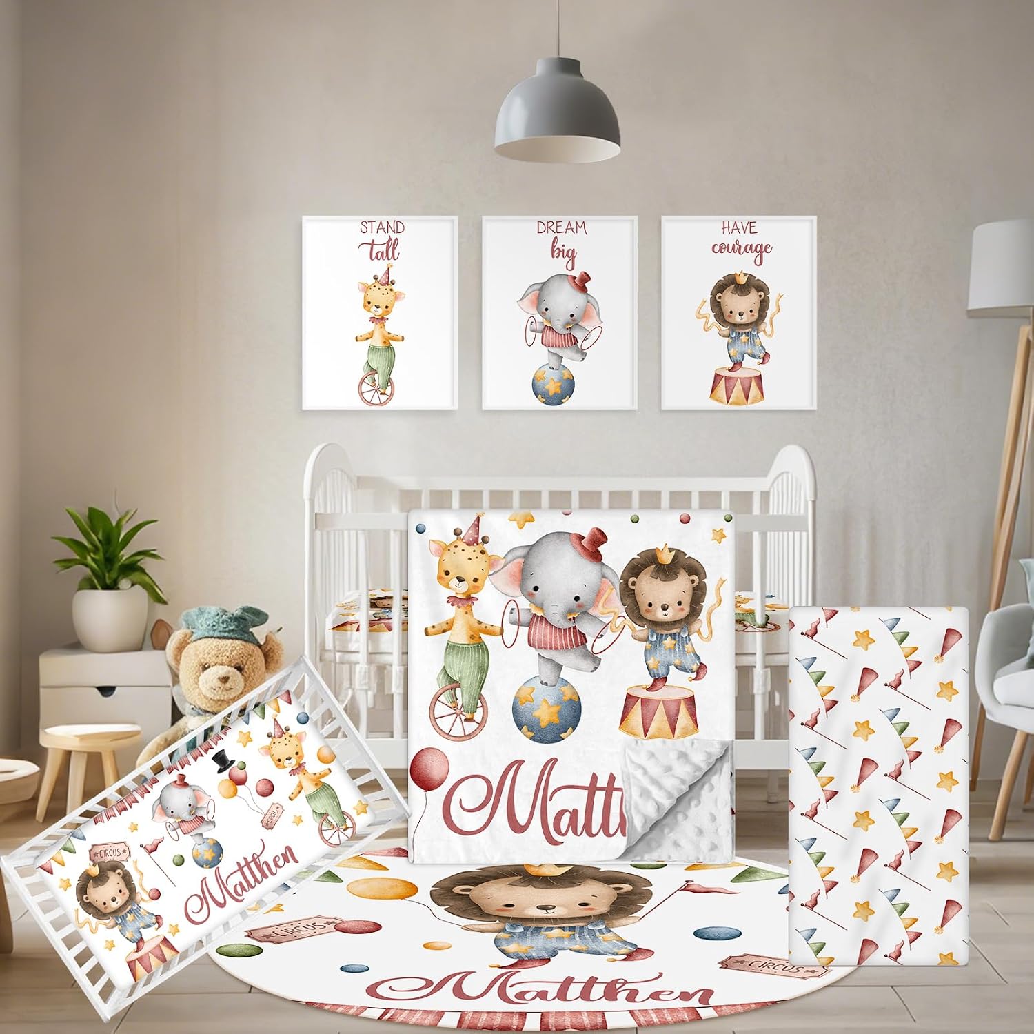 Terwex Custom Baby Crib Bedding Set, 5 Pcs Personalized Name Baby Crib Set with Double Layer Blanket, Soft Circus Animals Nursery Bedding Set for Girls Boys, Customized Gifts for Infants Toddlers