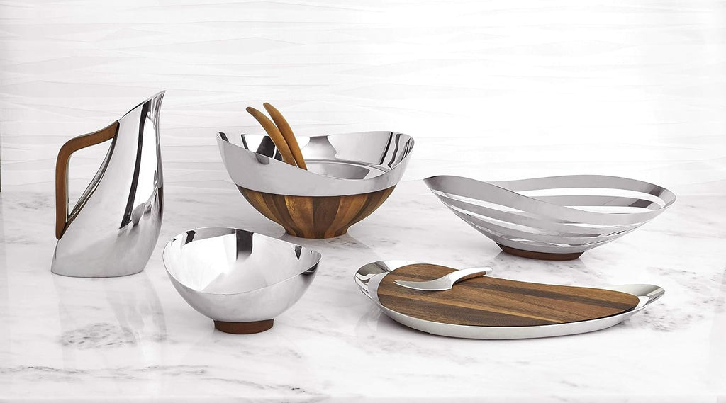 Nambé Pulse Salad Bowl with Servers, Magnetic Wood Base for Easy Cleanup, 12' x 13' Stainless Steel Bowl with 11.5' Servers, Modern Serveware for Kitchen, Dining & Parties