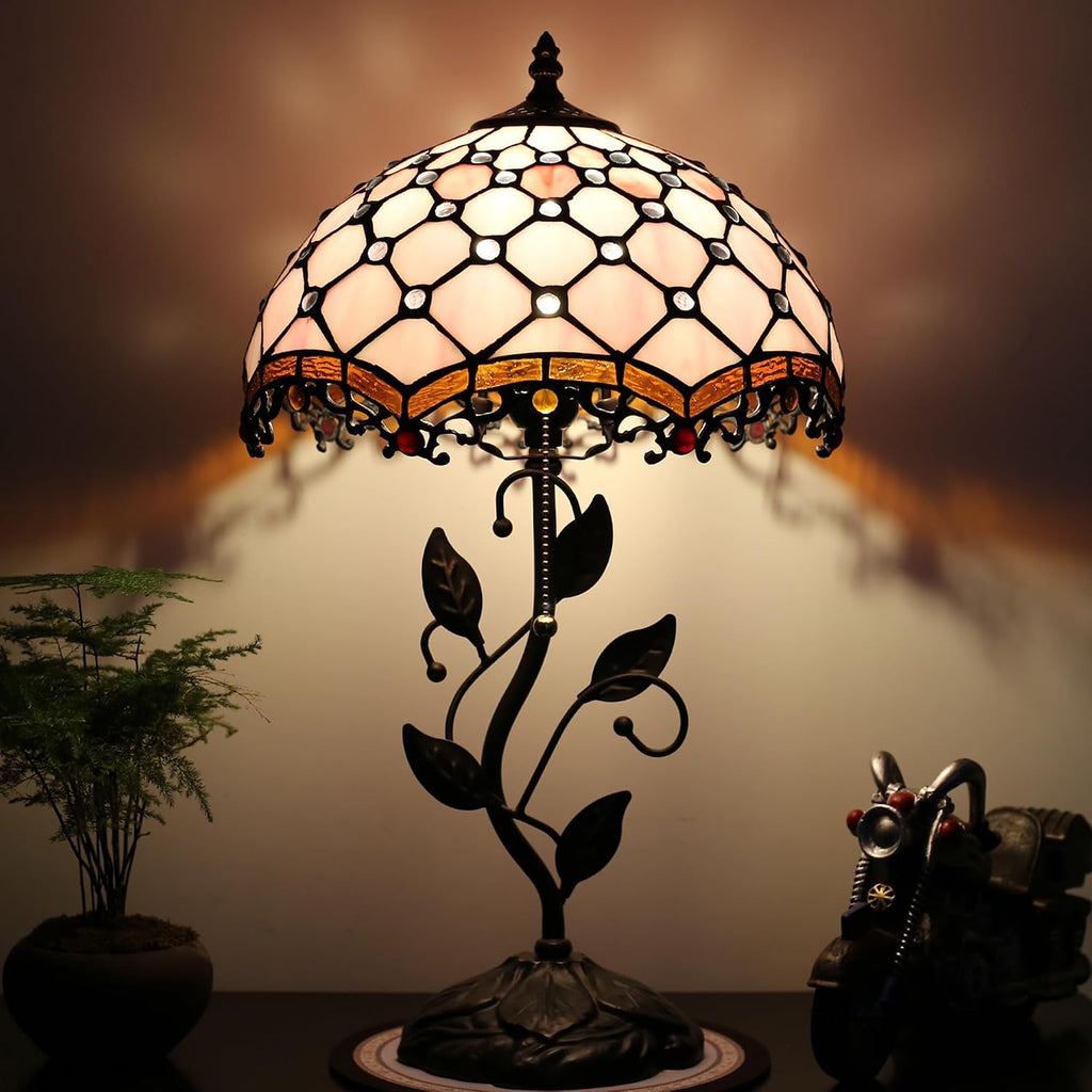 Tiffany Lamp Stained Glass Style Table Lamp Pink Beads Style Bedside Desk Reading Light W12H19 Inch Metal Leaf Base with Metal Leaf Base