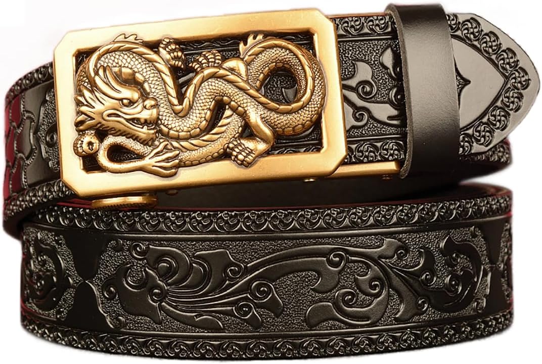 Mens Ratchet Leather Belt, Genuine Leather belts, Engraved Vintage Dragon Eagle Tiger Buckle, Business leisure belt