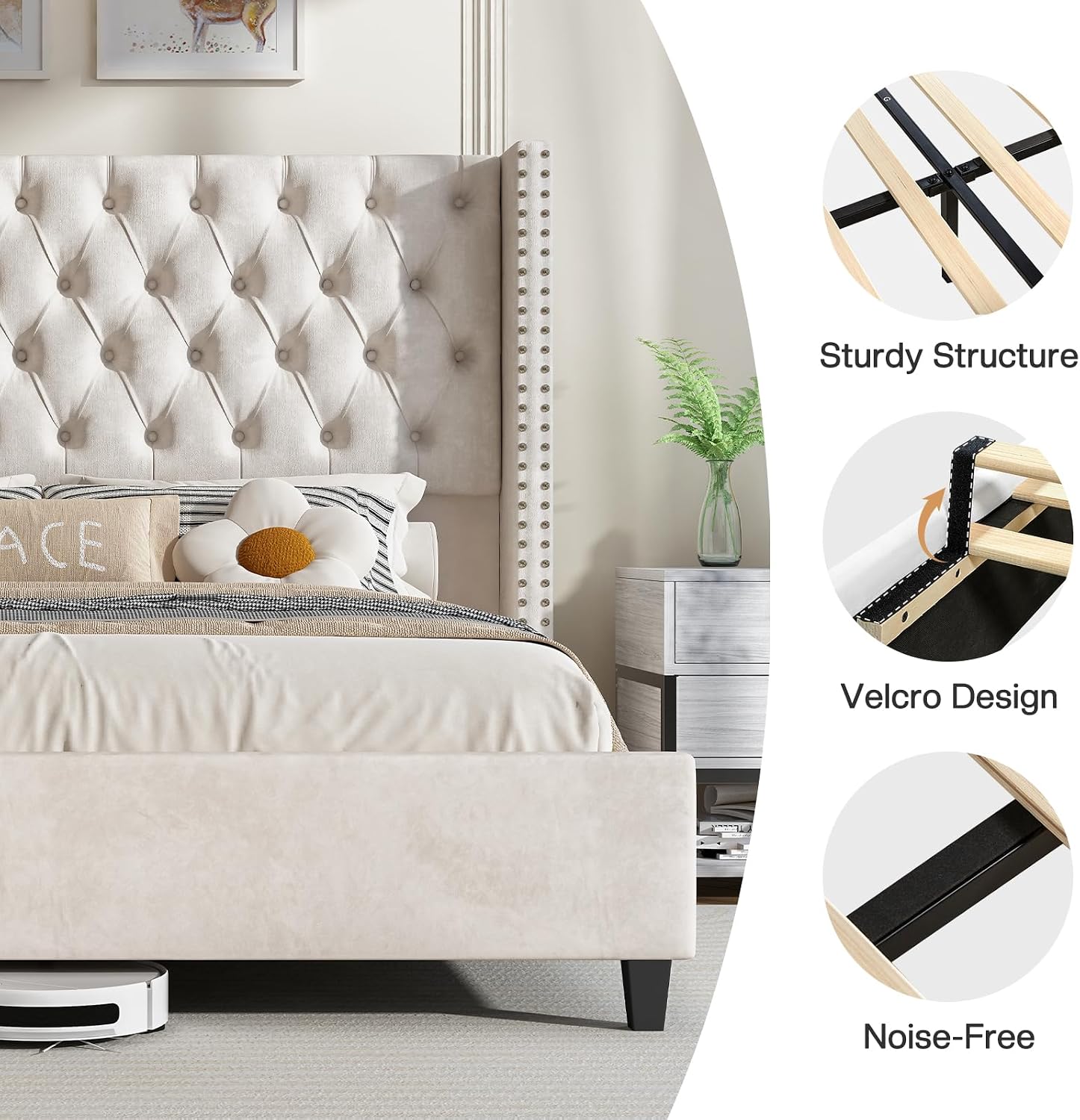 Jocisland King Size Bed Frame Velvet Upholstered Platform Bed with 51.6' Tall Wingback Headboard Deep Button Tufted, No Box Spring Needed, Cream