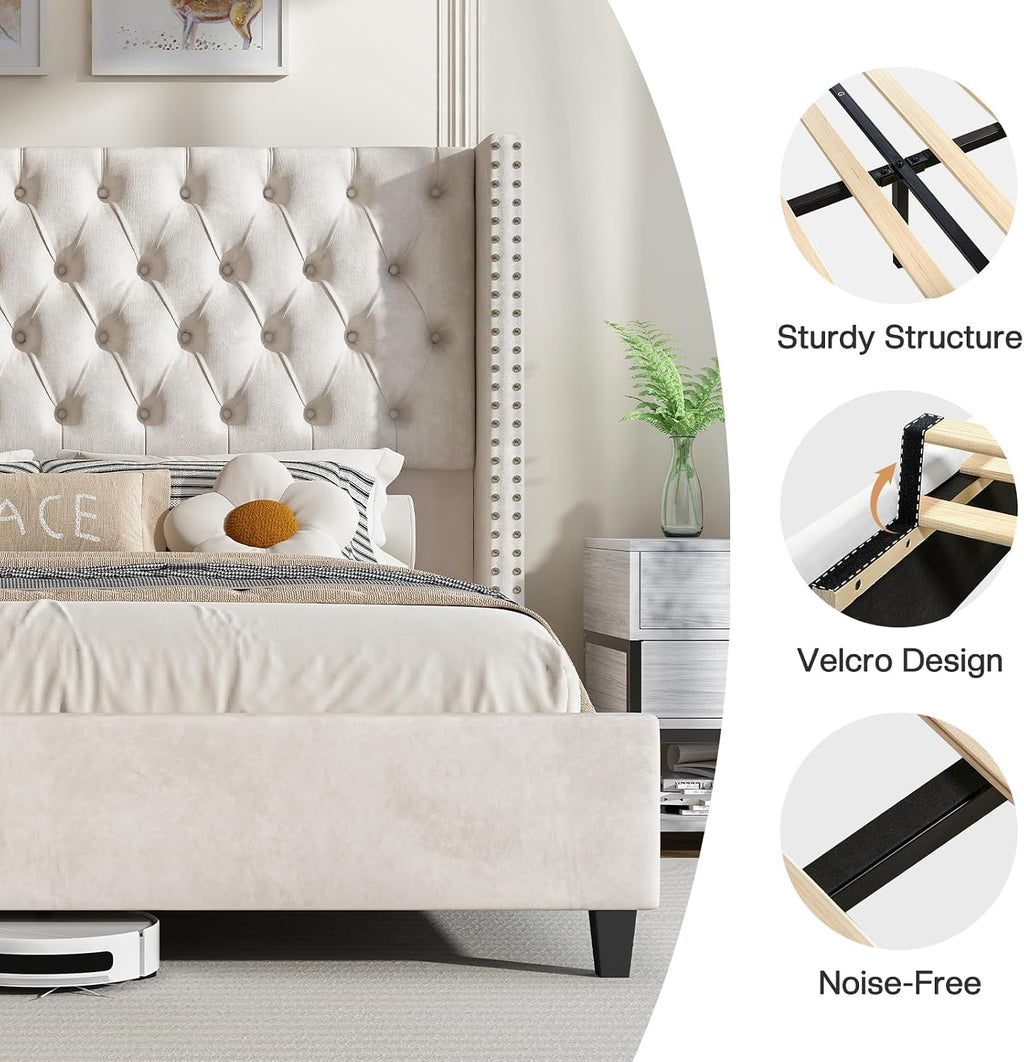 Jocisland Queen Size Bed Frame Velvet Upholstered Platform Bed with 51.6' Tall Wingback Headboard Deep Button Tufted, No Box Spring Needed, Cream