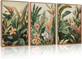 HLNIUC Boho Tropical Leaves Framed Canvas Wall Art,Abstract Flower Wall Decor Set of 3(24'x36')Modern Green Plant Banana Leaf Art Print,Tropical Botanical Jungle Painting for Living Room Bedroom Office