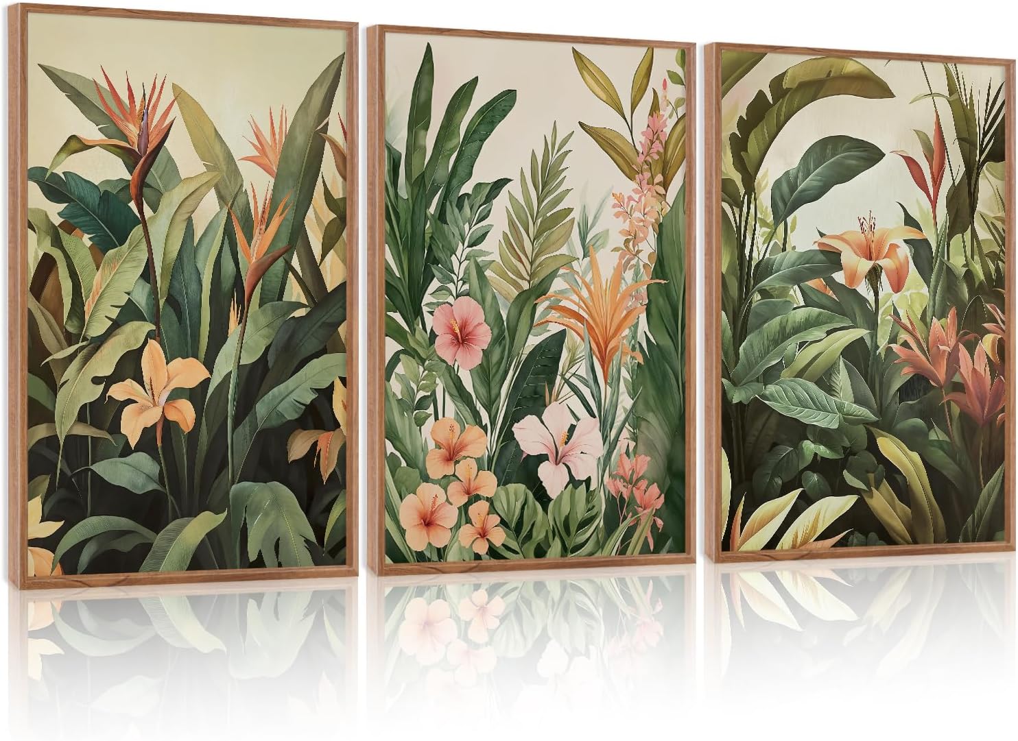 HLNIUC Boho Tropical Leaves Framed Canvas Wall Art,Abstract Flower Wall Decor Set of 3(24'x36')Modern Green Plant Banana Leaf Art Print,Tropical Botanical Jungle Painting for Living Room Bedroom Office