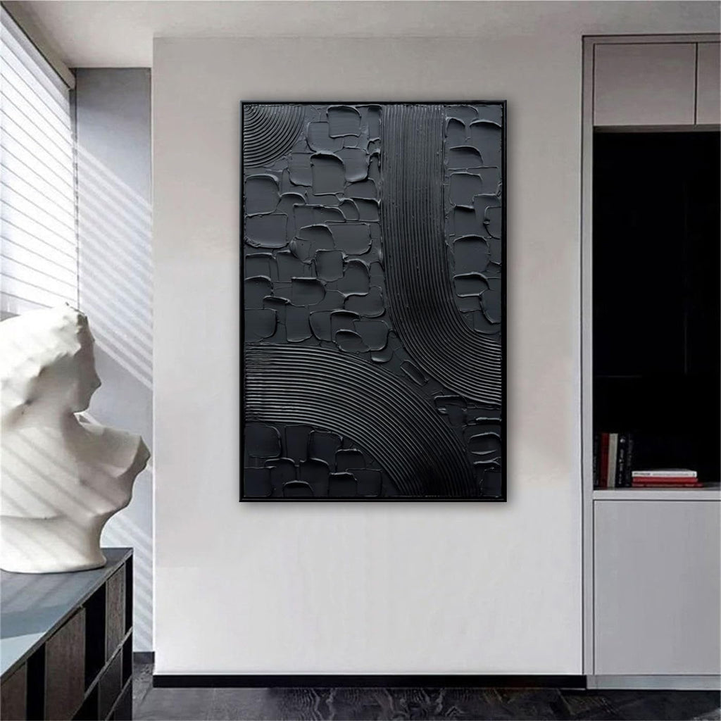 Slyart Black Textured Abstract Wall Art, Hand Painted Contemporary Minimalist Art Oil Painting, 24'x36' Framed Thick Texture Canvas Home Wall Art
