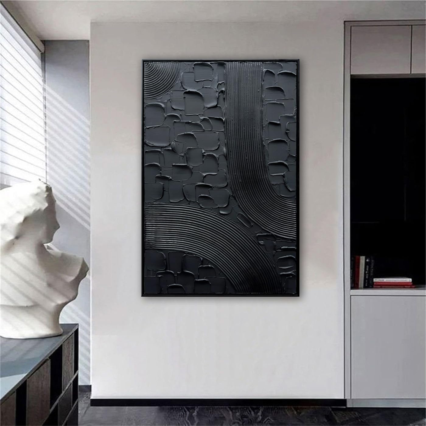 Slyart Black Textured Abstract Wall Art, Hand Painted Contemporary Minimalist Art Oil Painting, 24'x36' Framed Thick Texture Canvas Home Wall Art