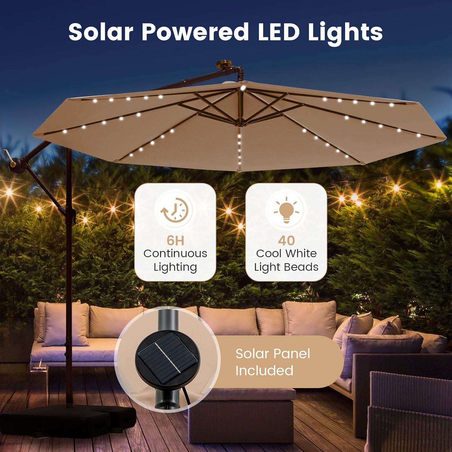 Tangkula 10FT Offset Patio Umbrella with Base Included, Outdoor Cantilever Umbrella with 40 Solar LED Lights, Tilt Adjustment, Crank Handle, Vented Top, Sand Bags for Pool Yard Deck (Beige)