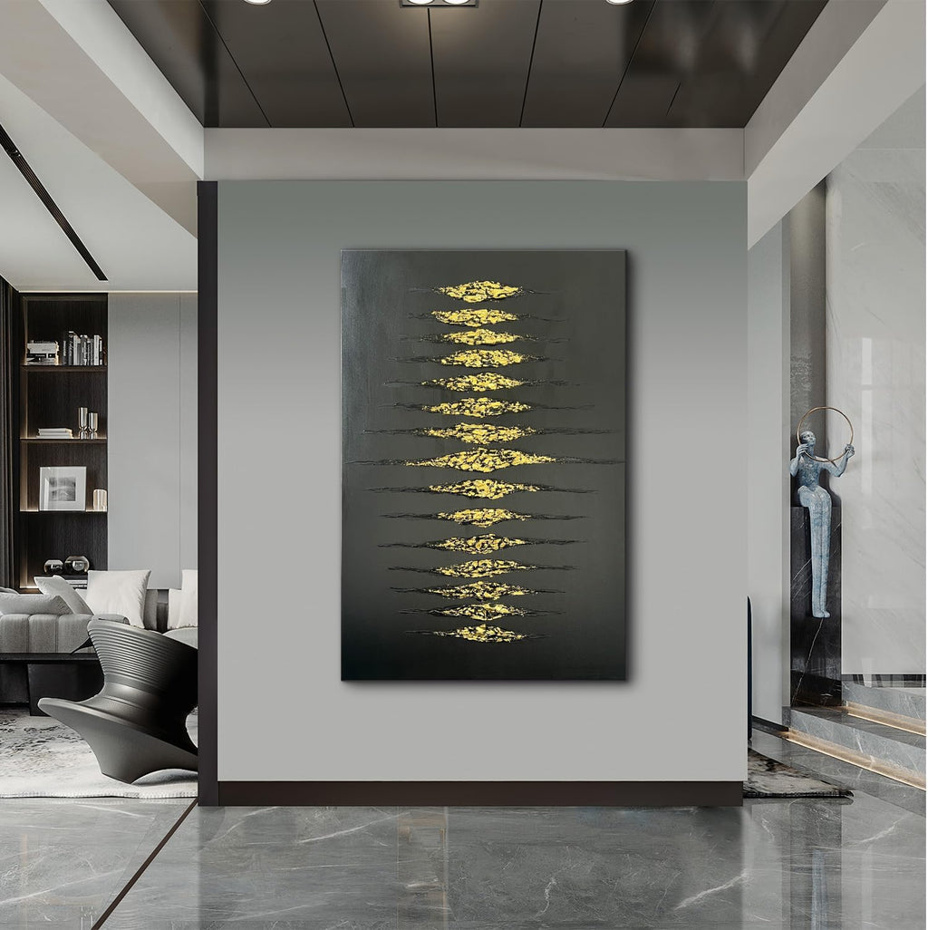 Creespi Hand-Painted Abstract Black and Gold Textured Wall Art 30x45 inch,Large Minimalist 3D Thick Texture Oil Painting on Canvas for Home Wall Decoration