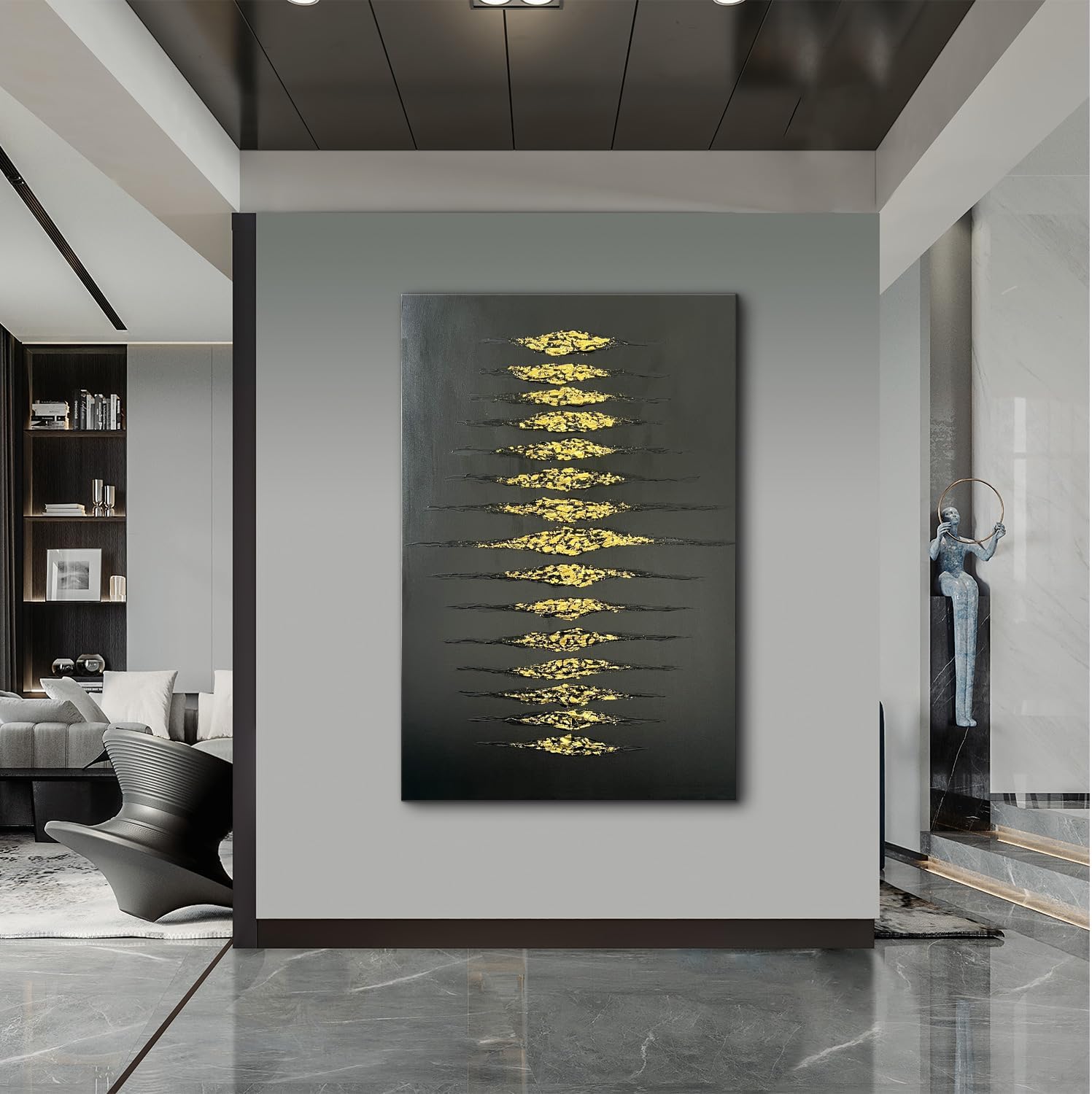 Creespi Hand-Painted Abstract Black and Gold Textured Wall Art 30x45 inch,Large Minimalist 3D Thick Texture Oil Painting on Canvas for Home Wall Decoration