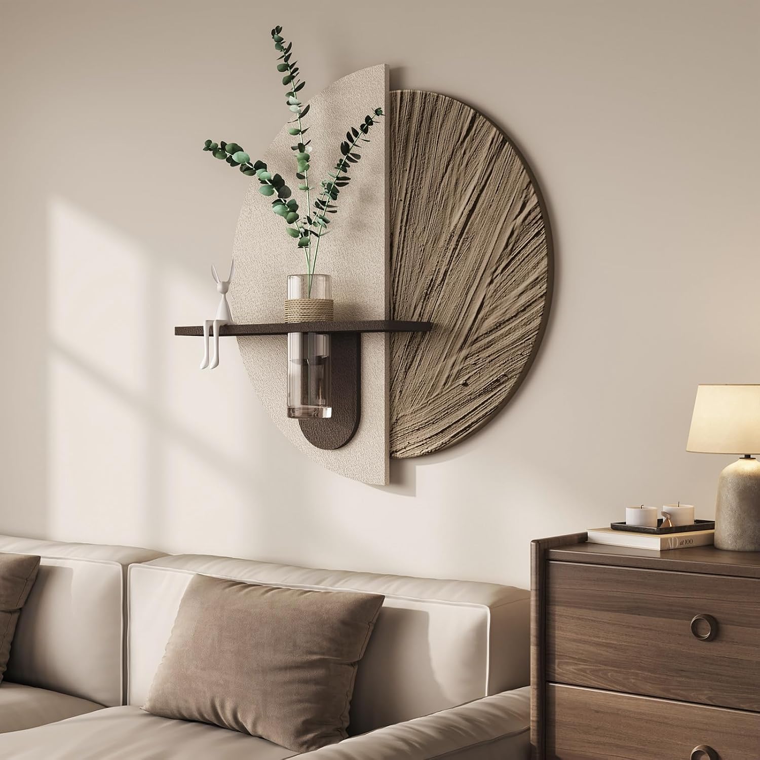 Troartos 3D Textured Neutral Abstract Wall Art with Vase, White and Brown Wall Decor with Rabbit Decoration, Minimalist Geometric Artwork for Living Room Hallway Dining Room Bedroom Office, 24x24 In