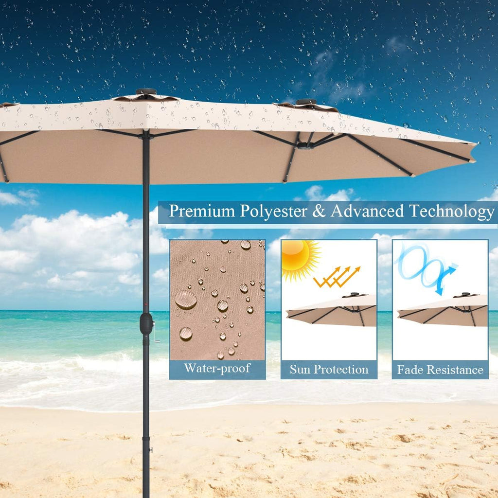 Tangkula 15 Ft Double Sided Patio Umbrella with Solar Lights, Extra Large Rectangle Outdoor Umbrella with 36 LED Lights & Crank Handle for Deck, Poolside, Garden, Backyard (Beige)