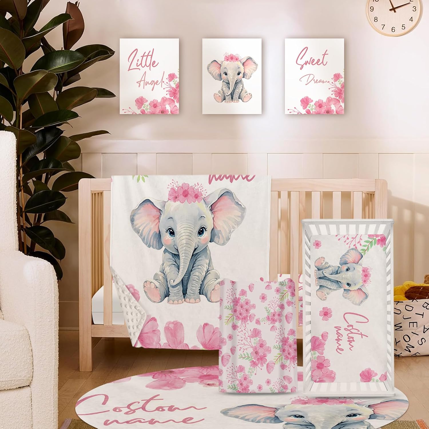 TOOTANN Custom Baby Crib Bedding Set, 5 Pcs Personalized Name Baby Crib Sheets for Kid Toddler Infant, Little Elephant with Red Flowers Nursery Bedding Set