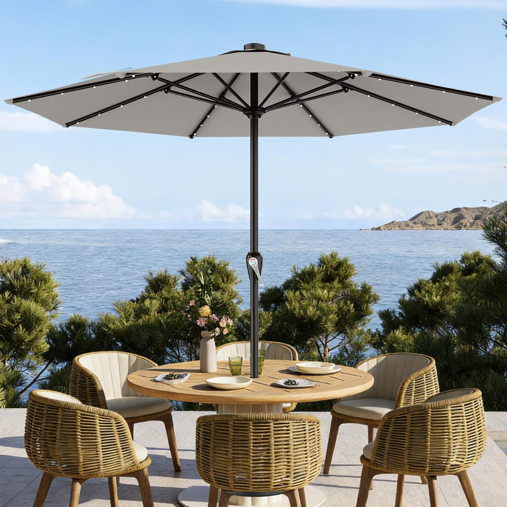 AreShark 12FT Large Patio Umbrella with Solar Lights, Solar Powered Outdoor Umbrella with Crank, Patio Table Market Umbrellas for Garden, Deck, Backyard, Pool and Beach, Light Gray