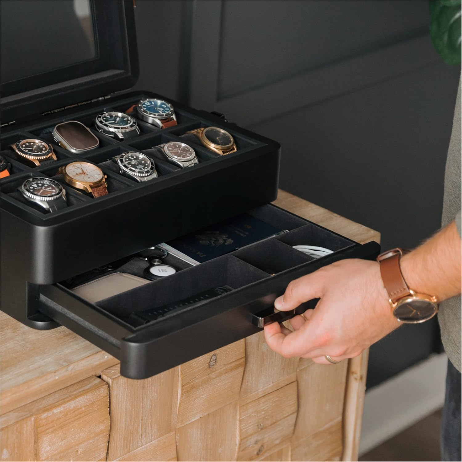 CASE ELEGANCE Black Edition Military 10 Slot Watch Box Case Organizer for Men, Real Glass Top, Modular Valet Tray, Apple Watch Compatible with Apple Watch Stand, Accessory Drawer, Watch Pillow Stands