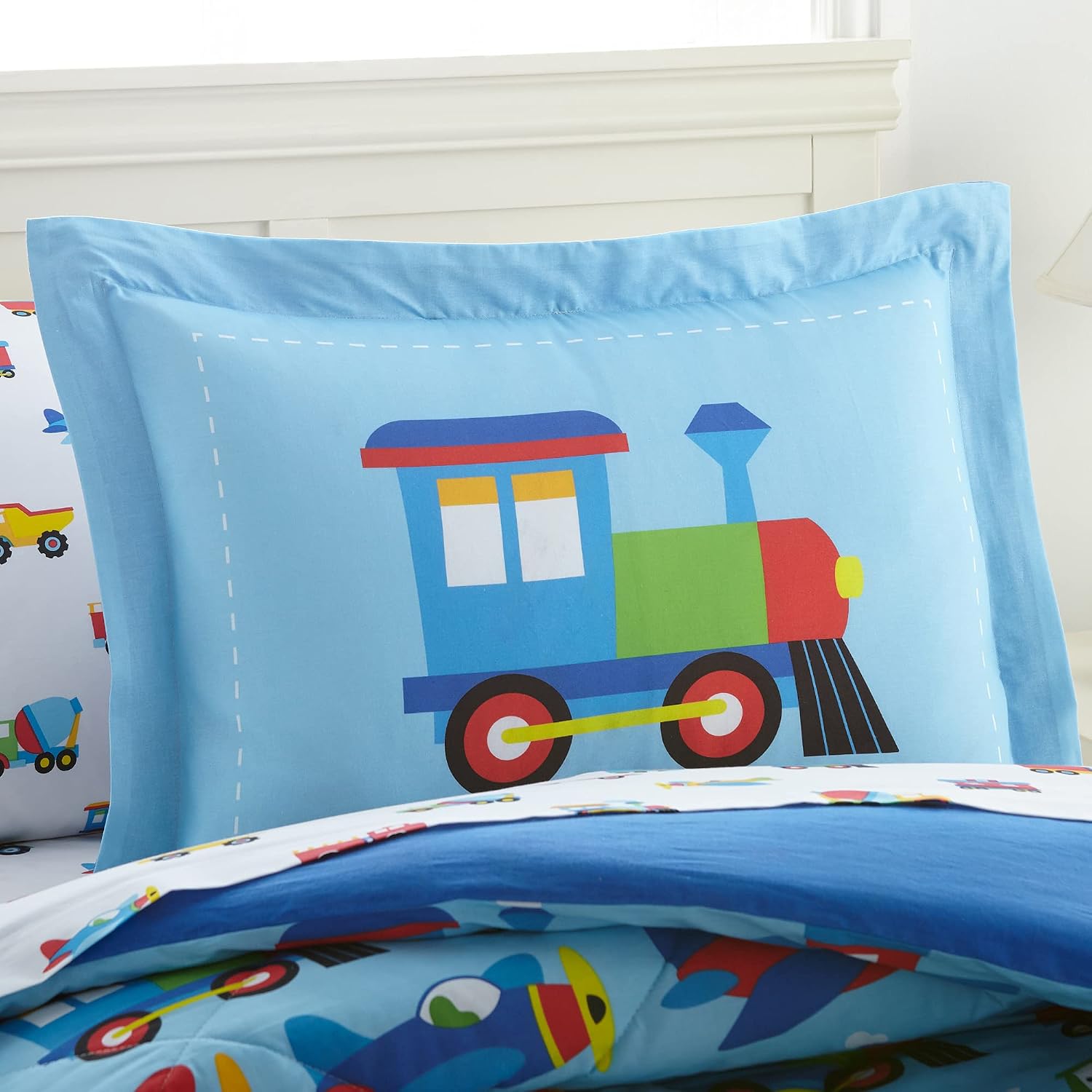 Wildkin Kids Cotton Full Comforter Set – Lightweight, Fits Full Mattress, 2 Pillow Shams Included - Trains, Planes, and Trucks