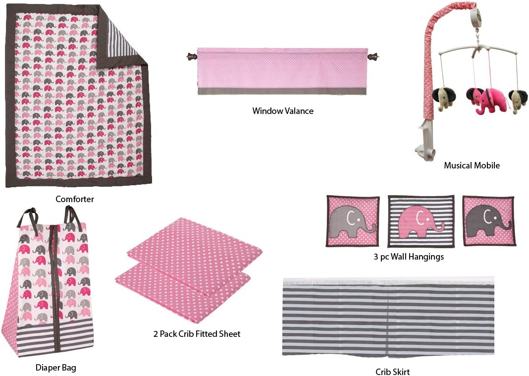 Bacati Elephants Crib Bedding & Nursery Decor Set 10 pc Crib Bedding Set with 2 Crib Fitted Sheets (Pink Fuchsia Gray)