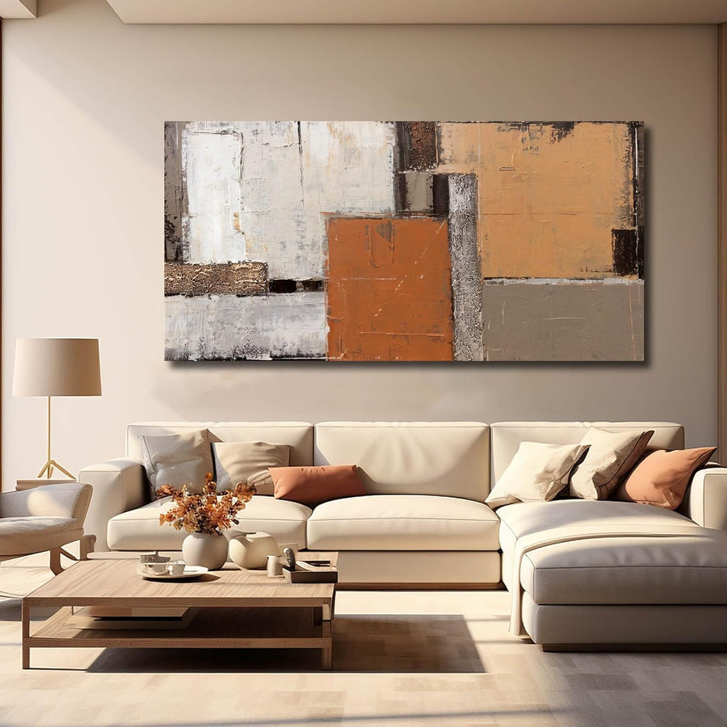 Artexist Orange Abstract Canvas Photo Prints Living Room White Artwork Brown Block Painting for Room 29'x 58' Office Wall Art Bedroom Hallway Decor