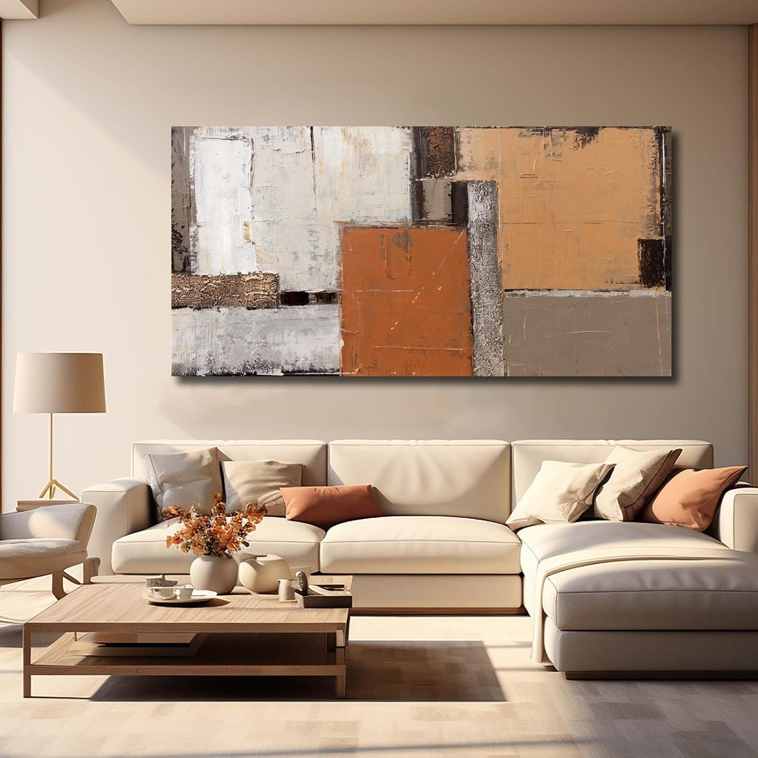 Artexist Orange Abstract Canvas Photo Prints Living Room White Artwork Brown Block Painting for Room 29'x 58' Office Wall Art Bedroom Hallway Decor
