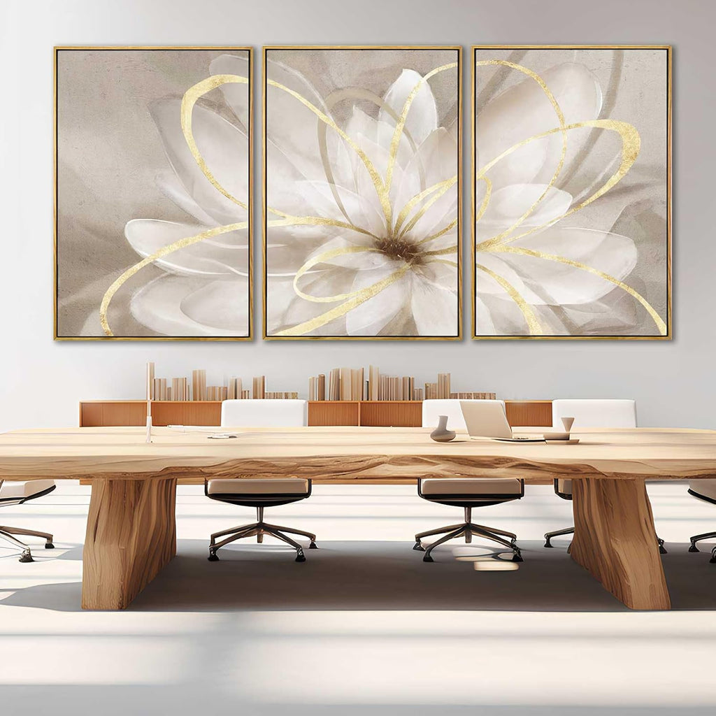 SOUGUAN Living Room Decor White Flower Artwork Gold Canvas Wall Art Abstract Line Painting for Bedroom Kitchen Dining Room Home Wall Decor 26'x40'x 3 Pieces