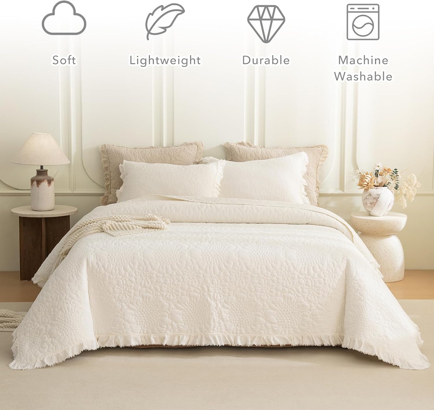 QSH Milk White Stonewashed Cotton Oversized King Quilt Bedspread Set(128'x120'),3PCs Farmhouse Ruffled Bedspread California King, Soft Lightweight Shabby Crinkled Quilt Coverlet Bed with Pillow Shams