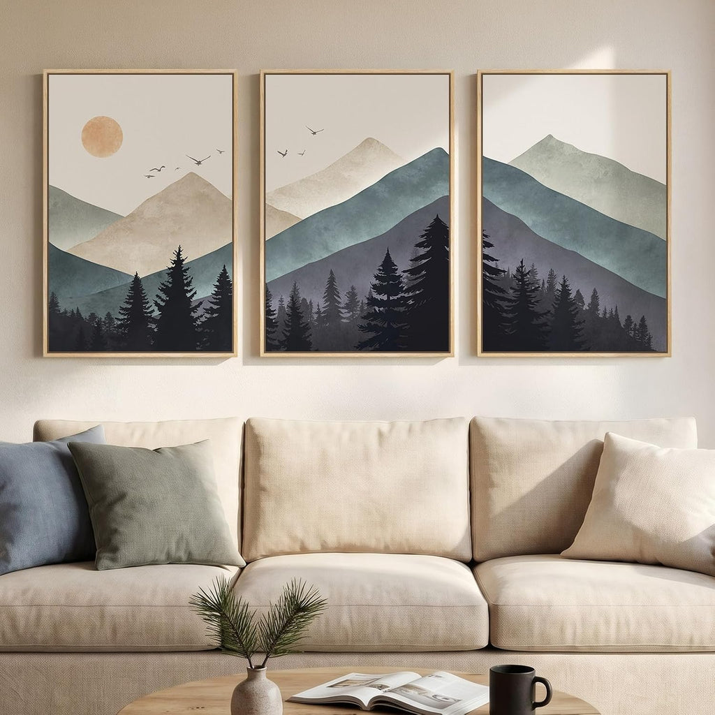 Framed Boho Abstract Neutral Landscape Wall Art for Living Room, Large 3 Piece Mountain Forest Canvas Artwork for Walls, Modern Minimalist Nature Pictures Bedroom Hallway Office Wall Decor, 20x30 Inch