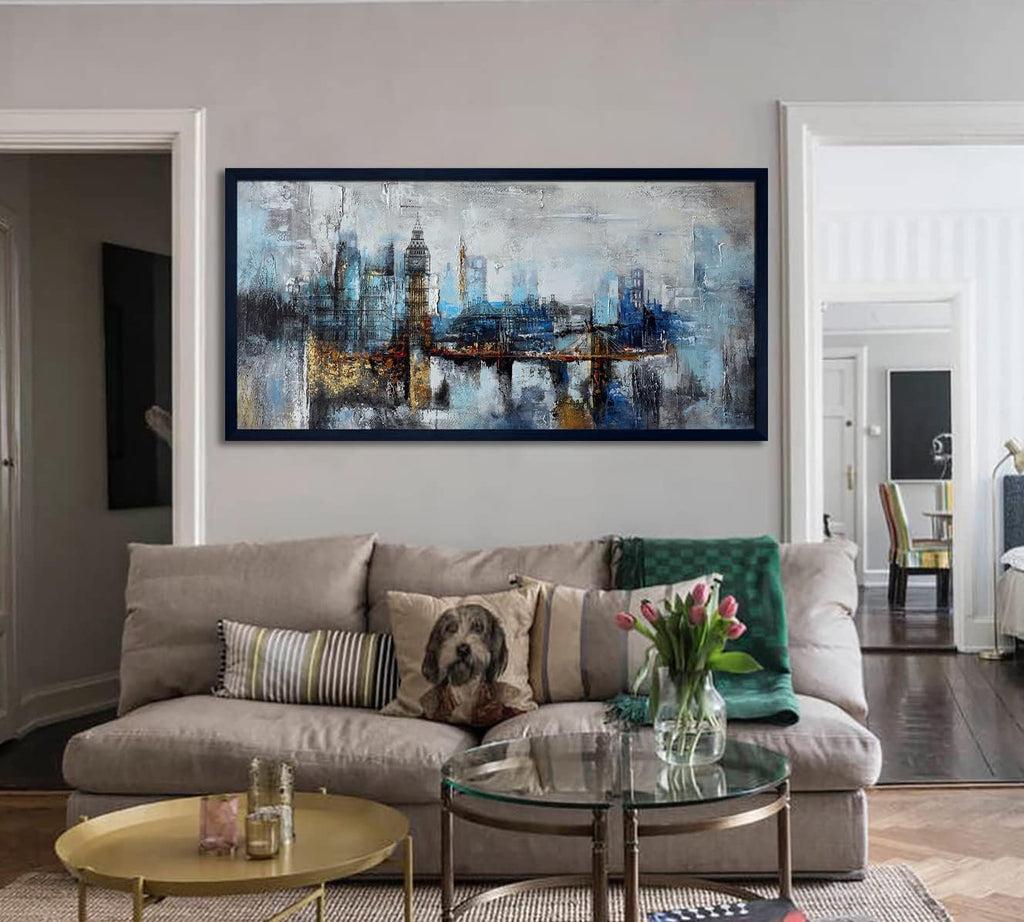 Large Wall Art for Bedroom Abstract City View Canvas Art Gray Blue Buildings Prints for Bedroom Wall Art Office Artwork Wall Decor for Living Room Decor 29x58 inches Black Framed