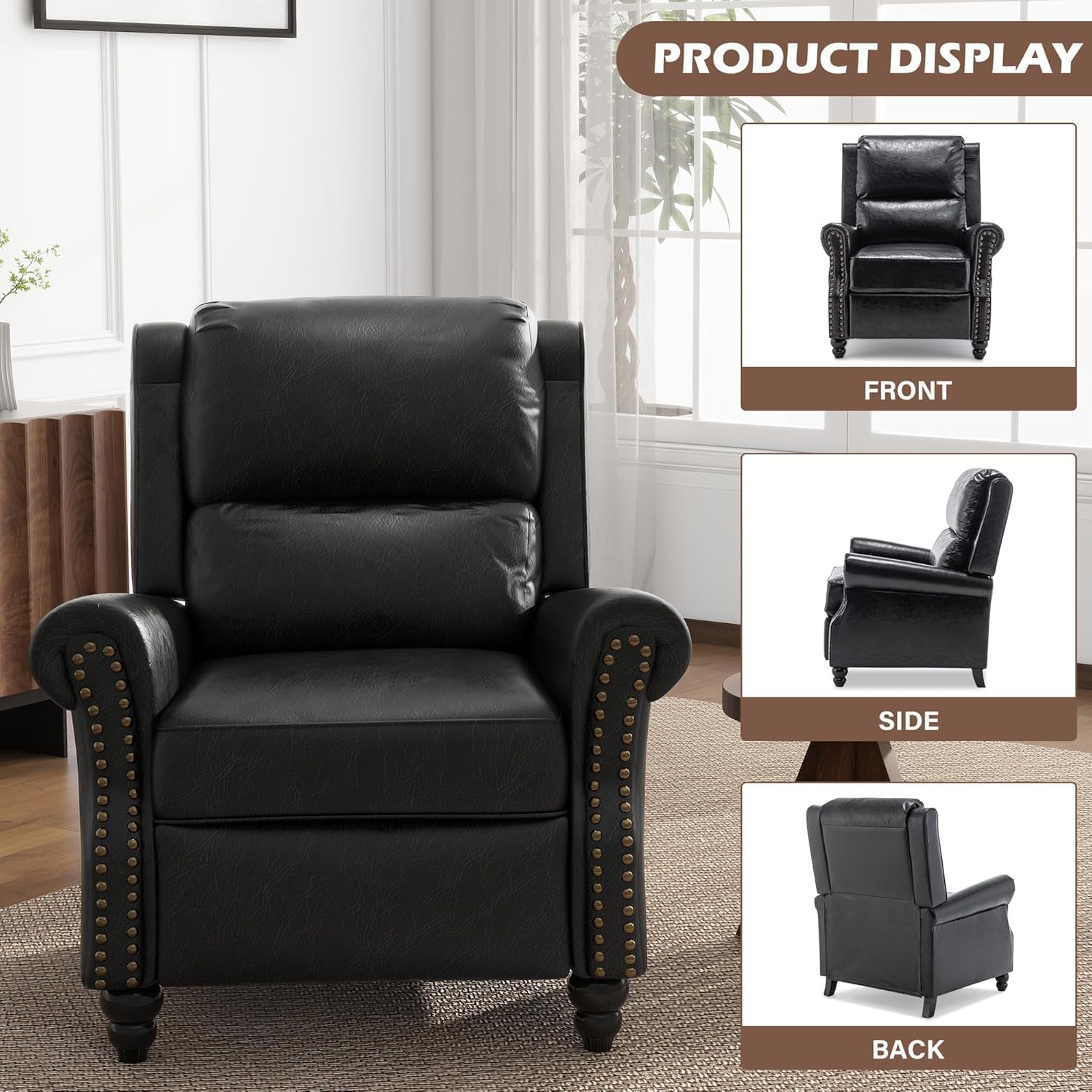 Pushback Recliner Chair, PU Leather Armchair Push Back Accent Chair for Living Room, Rivet Trim Club Chair Home Theater Overstuffed Single Sofa Bedroom Reading Seat - Black