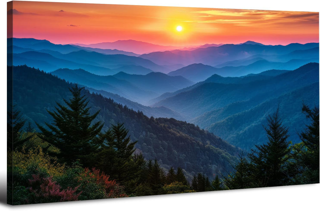 Great Smoky Mountain Wall Art for Living Room Sunset Blue Ridge National Park Poster Canvas Prints Natural Scenic Artwork Bathroom Rustic Misty Forest Landscape Picture Bedroom Home Decorations 30x57.8'