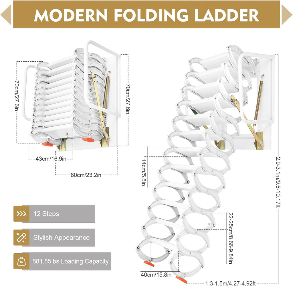 12 Steps Attic Ladder, Wall Mounted Pull Down Loft Steps Folding Stairs, 9.5-10.1Ft Height Aluminum Alloy Narrow Attic Extension Ladder w/Armrests for Basements Warehouses (12, White2)