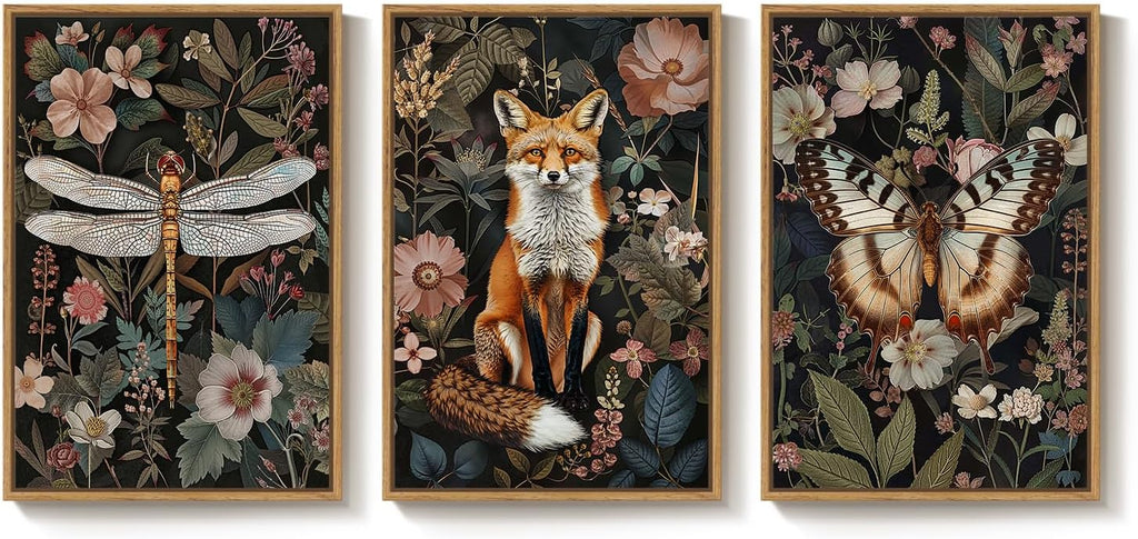Framed Vintage Botanical Animal Wall Art Set of 3, Dark Floral Butterfly Dragonfly Fox Nature Canvas Prints, Rustic Forest Cottage core Garden Wall Decor for Living Room Bedroom Office, 24x36 Inch