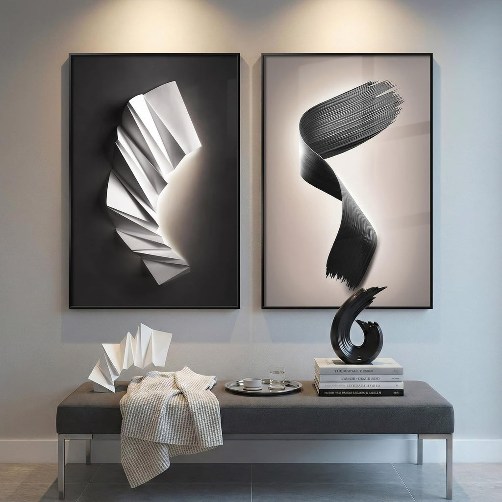 Large Framed Modern Black and White Wall Art for Living Room, Set of 2 Abstract Geometric Pictures Print Paintings, Luxury Bright Style Artwork for Bedroom Dining Room Hallway Wall Decor, 24x36 Inch