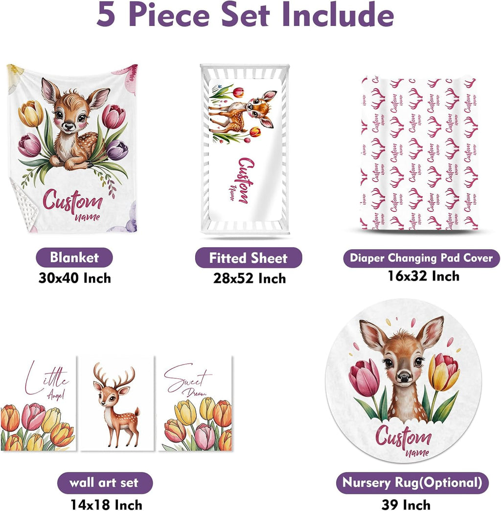 Personalized Crib Bedding Set for Baby Girls, Custom Name Baby Crib Sets 5-Pcs - Toddler Double Layer Blanket Fitted Sheet Changing Pad Cover Rug Wall Art Set, Sika Deer Theme Nursery Décor