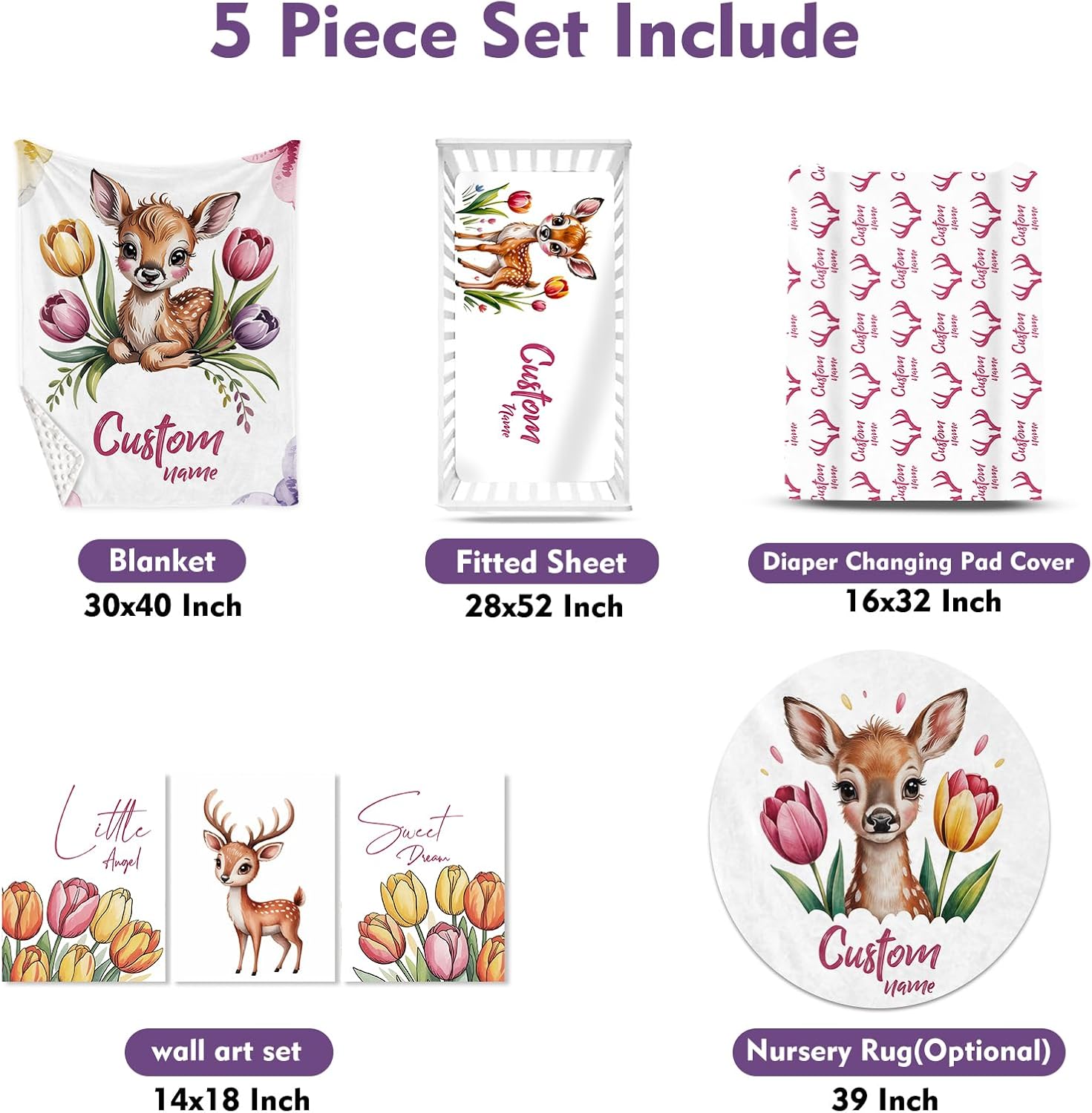 Personalized Crib Bedding Set for Baby Girls, Custom Name Baby Crib Sets 5-Pcs - Toddler Double Layer Blanket Fitted Sheet Changing Pad Cover Rug Wall Art Set, Sika Deer Theme Nursery Décor