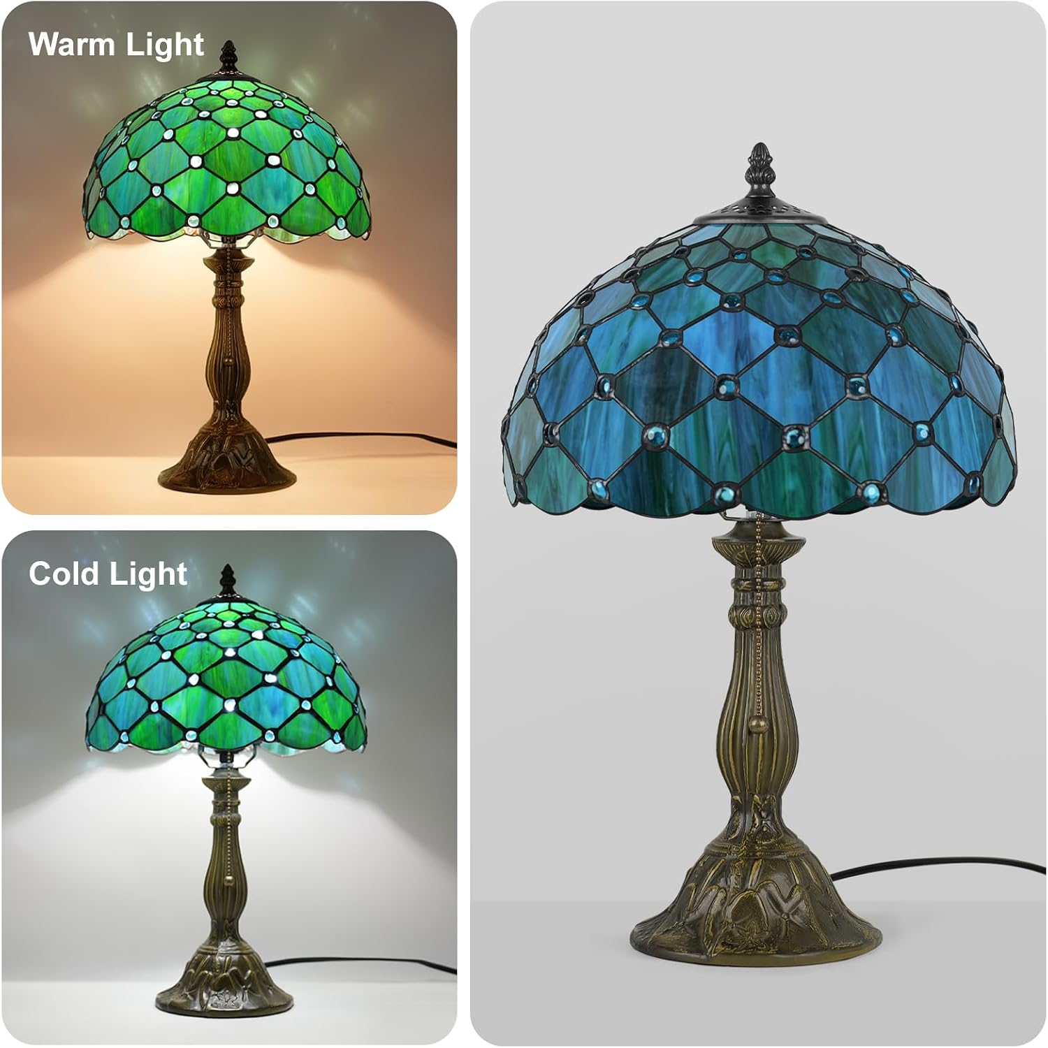 MOAN Lamp Stained Glass Table Lamp 12X12X19 Inch Bedside Reading Light Antique Bronze Base(Sea Blue Pearl Style)